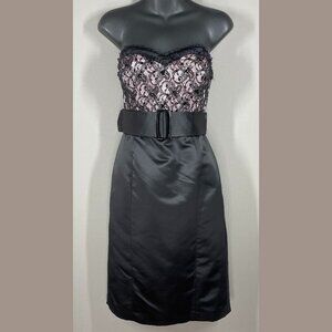 NEW Betsey Johnson Dress Womens 10 black pink strapless floral lace satin pencil